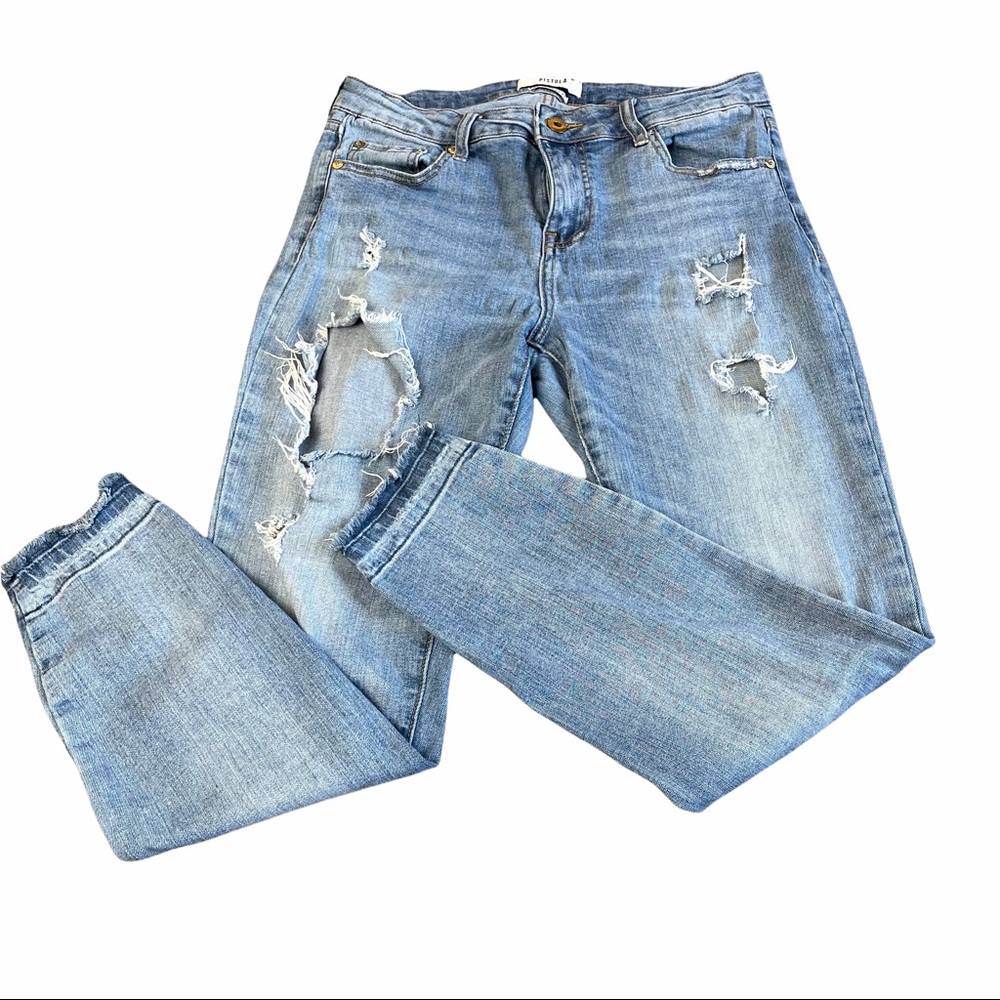 Pistola Women’s Ripped Destroyed Blue Denim Jeans Raw Edge Hem Size 29